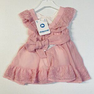 Mayoral Baby Dress Size 6 Months Pink Lace Floral Bow Tie Lined